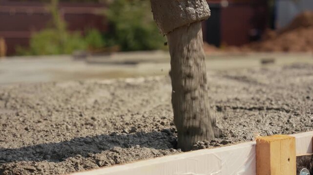 Industrial concrete pump pouring wet cement mix from a flexible hose into a formwork with reinforcement over rebar grid during a house foundation construction job on a sunny building site