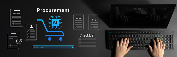 Obraz premium An overhead view of a keyboard highlighting the procurement process with artificial intelligence. The image showcases digital tools enhancing business efficiency and streamlining operations. Cyphers