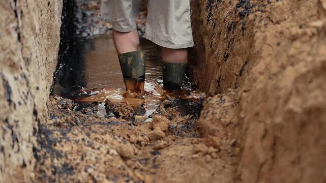 Farmer in rubber boots walking and digging in a muddy, water filled trench, splashing dirty water while working on a construction site or farm field, showing manual labor and agriculture