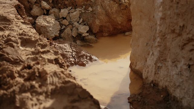 Muddy brown rainwater collecting in a trench dug in the earthy soil, with occasional drops falling and creating ripples on the surface of the stagnant puddle, representing an arid climate