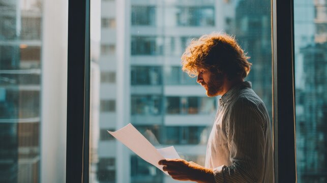 Businessman reading documents by office window with city view, warm light