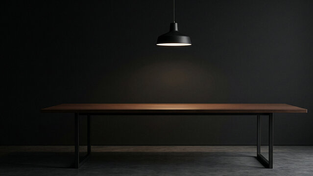 Dramatic minimalist interior with long wooden table illuminated by a single pendant lamp in a dark room