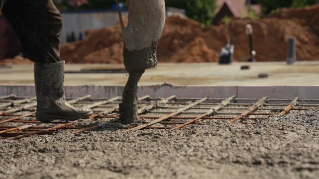 Construction workers pouring liquid concrete from a pump to create a solid foundation slab for a building, with the wet cement mix covering the steel rebar mesh at the industrial worksite