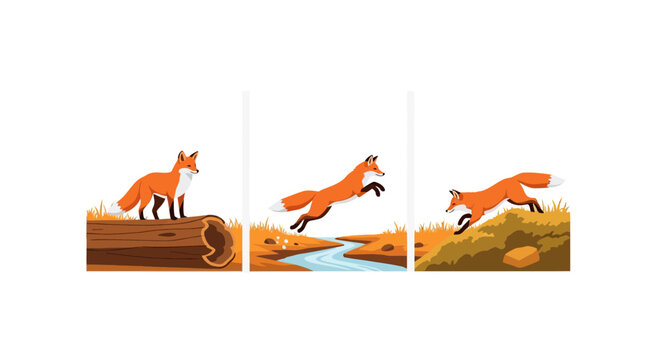 Red fox jumping across a forest stream vector illustration set
