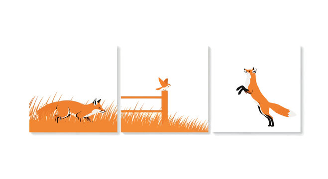 Minimalist Red Fox Meadow Interaction Vector Triptych Illustration