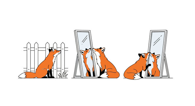 Curious Red Fox Discovering Its Reflection in a Mirror Illustration