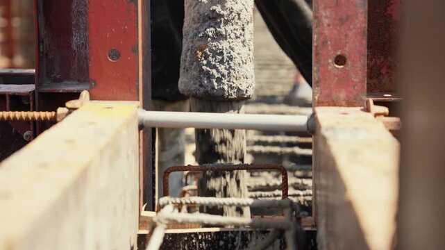 Industrial concrete pump pouring wet cement mix into a reinforced steel formwork during the construction of a building foundation, creating a solid and durable base for the new structure