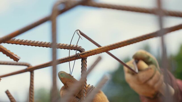 Close up view of a builder's hands in protective gloves skillfully tying reinforcing steel bars with wire to create a sturdy frame for a concrete foundation on a construction site