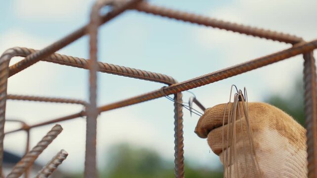 Closeup of a construction worker's hands in gloves twisting binding wire to connect reinforcing steel bars together, forming a sturdy framework for a concrete foundation at a building site