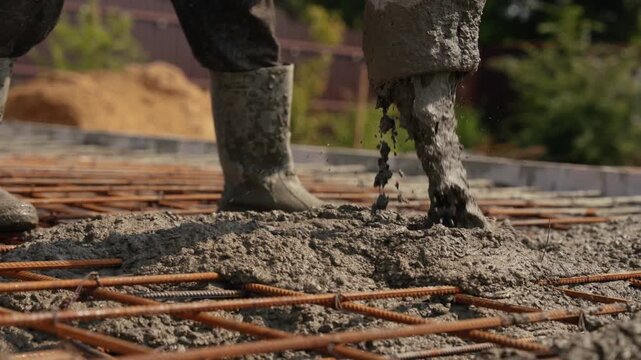 Close up of a builder in dirty rubber boots pouring liquid concrete from a pump hose over a steel rebar mesh to create a solid reinforced floor slab for a new house foundation