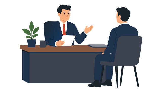 Flat vector illustration of businessman in suit interviewing candidate across office desk, with plant and coffee mug, modern minimal workplace scene on white background