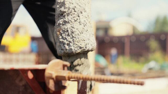 Professional builder pouring fresh wet cement from a pump hose into a foundation formwork with reinforcement bars during a residential building construction project on a sunny day