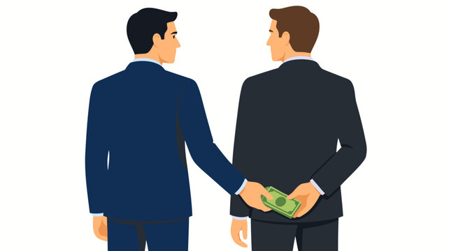 Two businessmen in suits secretly exchanging cash money behind their backs, bold flat color vector illustration depicting bribery, corruption, and underhanded business deals