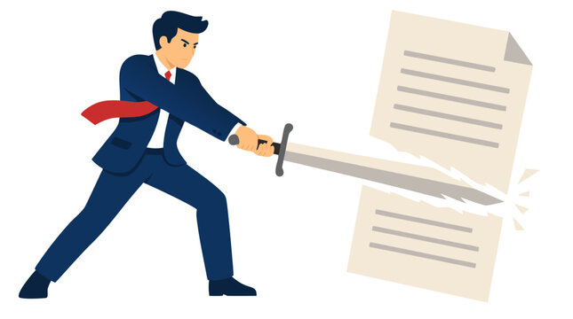 Businessman in suit wielding sword slicing through paper document, flat illustration of contract cutting concept on white background