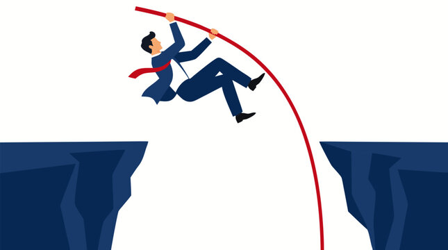 Businessman in suit pole vaulting over chasm gap, bold flat colors, white background, risk overcome business success metaphor vector illustration