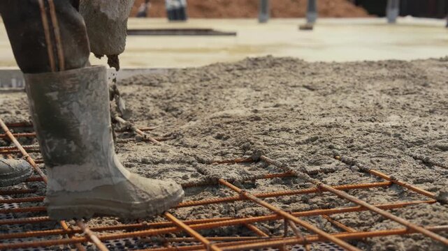 Close up view of a construction worker in rubber boots guiding a concrete pump hose, pouring wet cement over a steel rebar grid to create a solid foundation for a new building