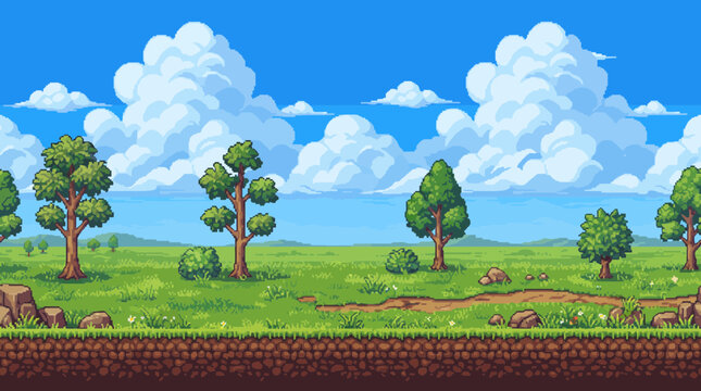 Pixel art grassy plains with scattered rocks and trees