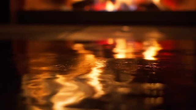 Reflective Dark Surface Near Fireplace Showing Distorted Dancing Glow of Flames, Cozy Interior Motion Background Full HD