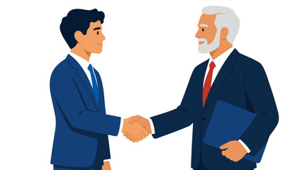 Fototapeta premium Young professional handshake with senior businessman holding folder, bold flat color leadership handover corporate illustration
