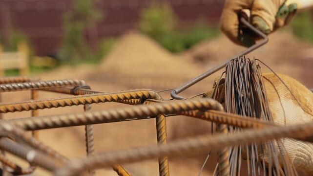 Close up view of a builder's hands in protective gloves meticulously twisting wire to secure rusty steel rebar, creating a reinforcement cage for a concrete foundation on a construction site