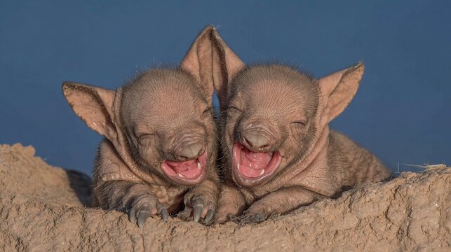 Two adorable baby aardvarks cuddling and laughing together on a sunny day in the wild