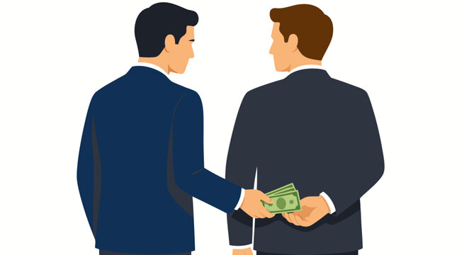 Two businessmen in suits secretly exchanging cash behind back, bold flat color vector illustration depicting bribery, corruption, and illicit business deal on white background