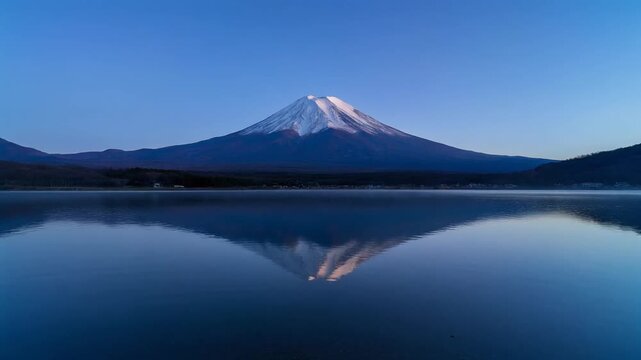 Static Wide Shot of Mount Fuji Perfectly Reflected in Calm Mirror Like Water Surface at Dawn Full HD