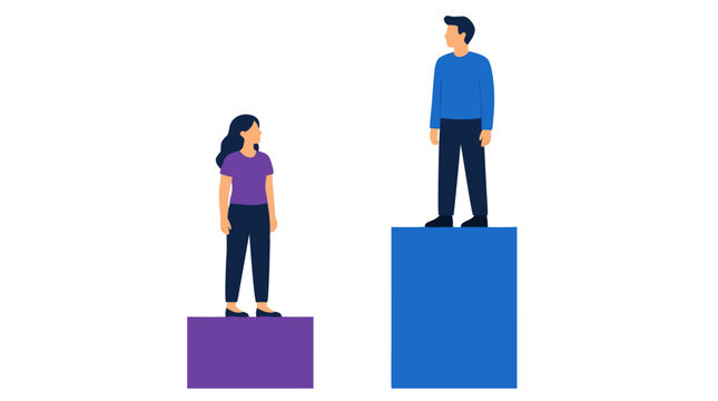 Man and woman standing on unequal platforms illustrating height disparity inequality gender gap bold flat colors vector illustration