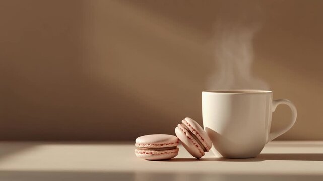 Delicate Pink Macarons Beside Steaming Cup of Hot Coffee on Minimalist Desk with Soft Lighting Full HD