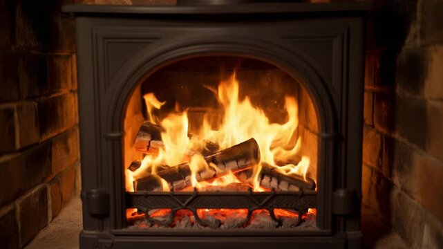 Warm Crackling Fire in Brick Fireplace Casting Soft Flickering Glow, Cozy Home Interior Winter Background Animation, 1080p