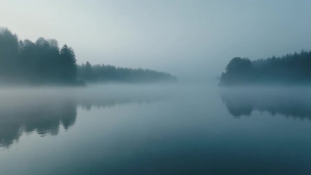 Serene Morning Mist Shrouding a Perfectly Still Lake with Distant Silhouetted Forest Trees, Cinematic Full HD Nature Background