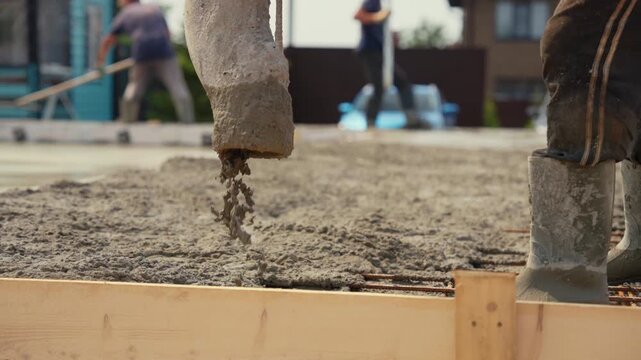 Industrial concrete pump pouring wet cement into a foundation formwork with rebar reinforcement as construction workers level the mixture in the background on a building site