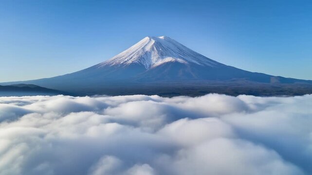 Majestic Peak of Mount Fuji Rising Above a Serene Sea of Fluffy White Clouds, Iconic Japanese Landmark Cinematic Full HD