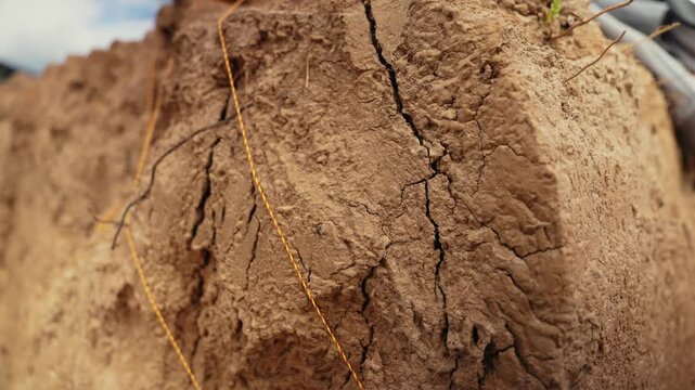 Close up of a detonating cord carefully placed along a cracked, dry earthen wall, meticulously prepared for a controlled demolition or quarrying operation in an industrial setting