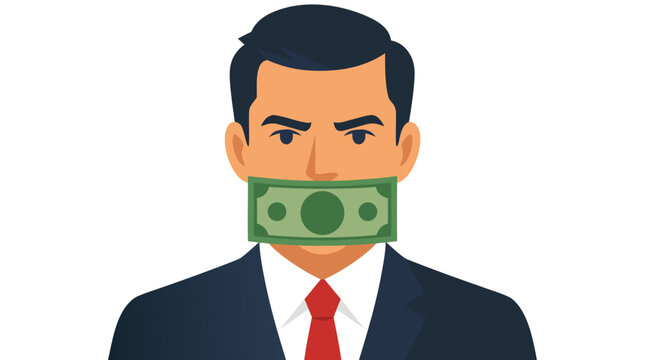 Businessman with banknote gagged over mouth, flat illustration symbolizing bribery, corruption, paid silence, and corporate scandal, vector portrait on white background