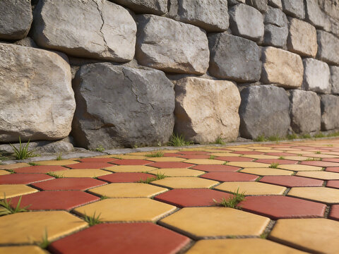 Stone wall and hexagonal paving