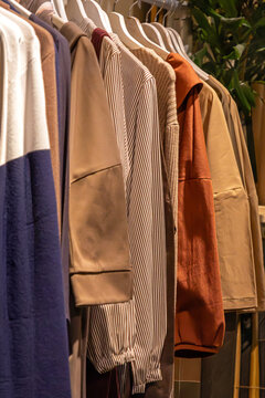 Fashion jackets and shirts sold outside on city street market