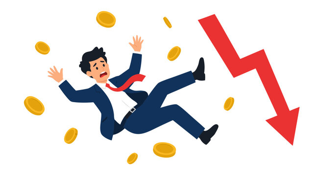 Distressed businessman falling downward amid scattered gold coins with red declining zigzag arrow, financial loss and bankruptcy concept vector illustration