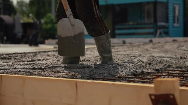 Close up view of a builder in rubber boots walking in fresh wet cement and leveling the surface with a shovel over reinforcing mesh during the foundation pouring process