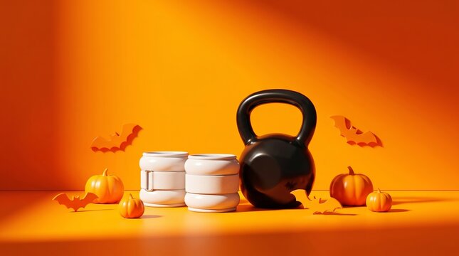 Kettlebell and ankle weight with pumpkin and bat decoration on orange background. Halloween fitness and workout concept. Healthy lifestyle seasonal holiday theme for active training
