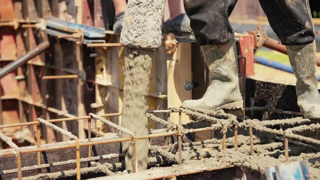 Construction site workers pouring wet cement from a pump hose into a reinforced concrete formwork during the foundation building process, creating a solid and durable structural element