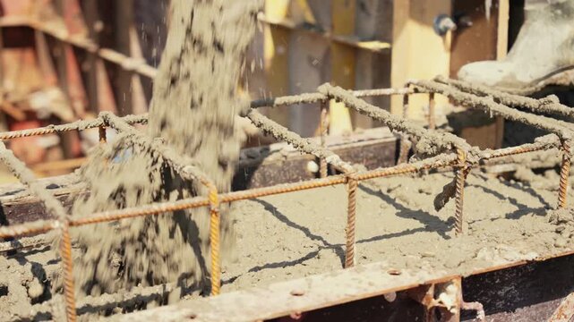 Construction workers pouring liquid concrete into a rebar reinforced formwork on a building site, with the wet cement mix flowing to create a solid foundation for a new structure