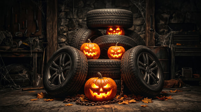 Jack-o-lantern pumpkins with glowing faces stacked inside automotive tires in a dark garage. Spooky Halloween decoration with mechanic workshop background. Creative autumn holiday concept