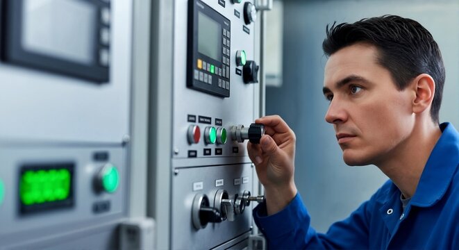 Young white male technician adjusting airlock pressure control valve. Industrial engineer operating control panel in laboratory. Professional worker monitoring system parameters