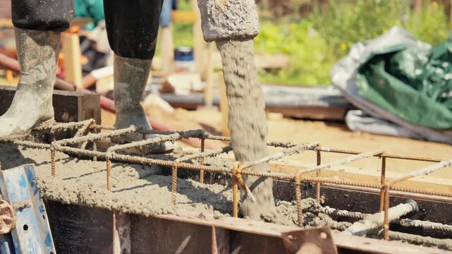 Construction workers pouring liquid concrete into a prepared formwork with a reinforcement cage on a building site. Professional builders creating a solid foundation for a new house or structure