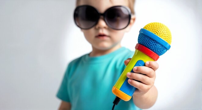 Toddler boy wearing oversized sunglasses holding colorful toy microphone with cord. Cute caucasian male child playing singer with plastic toy. Shallow depth of field with copy space