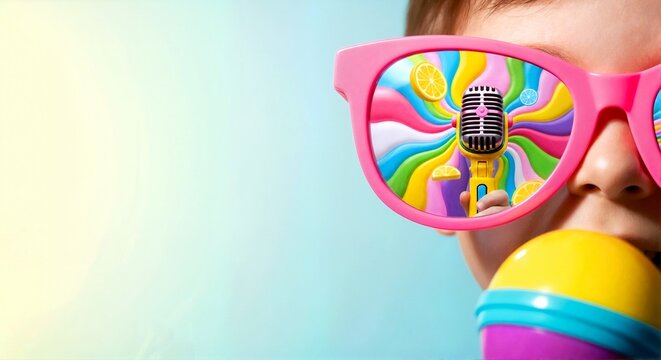 Close up of child wearing pink sunglasses with colorful psychedelic reflection of vintage microphone. Kid holding toy microphone. Copy space