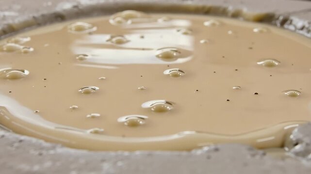 Close-up of a creamy beige liquid being stirred in a bowl, creating small bubbles and ripples on the surface.