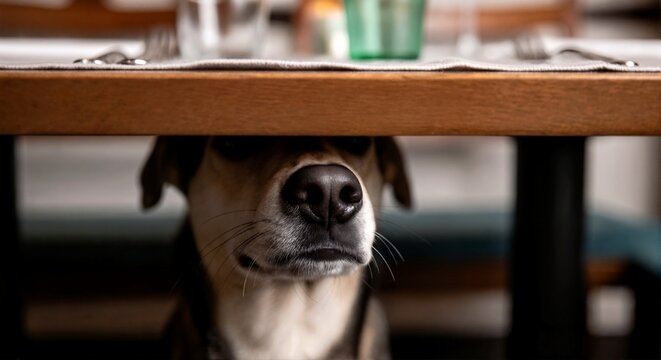 Close up of dog nose peeking from under wooden table. Hungry pet waiting for food in restaurant. Pet friendly dining environment