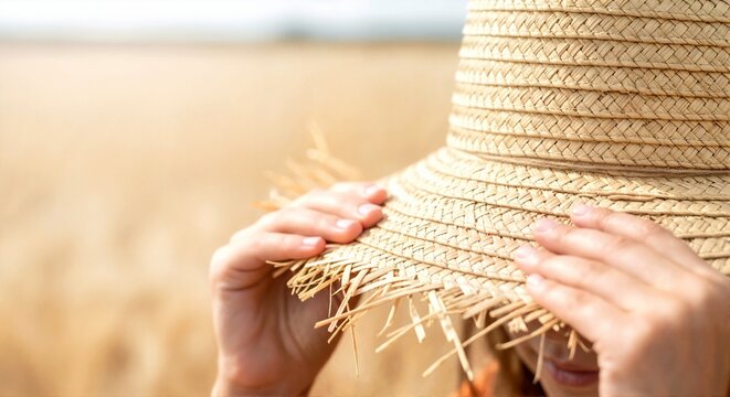 Close up of young white girl holding straw hat in golden wheat field. Caucasian female teenager adjusting sun hat during harvest season. Rural lifestyle and agriculture